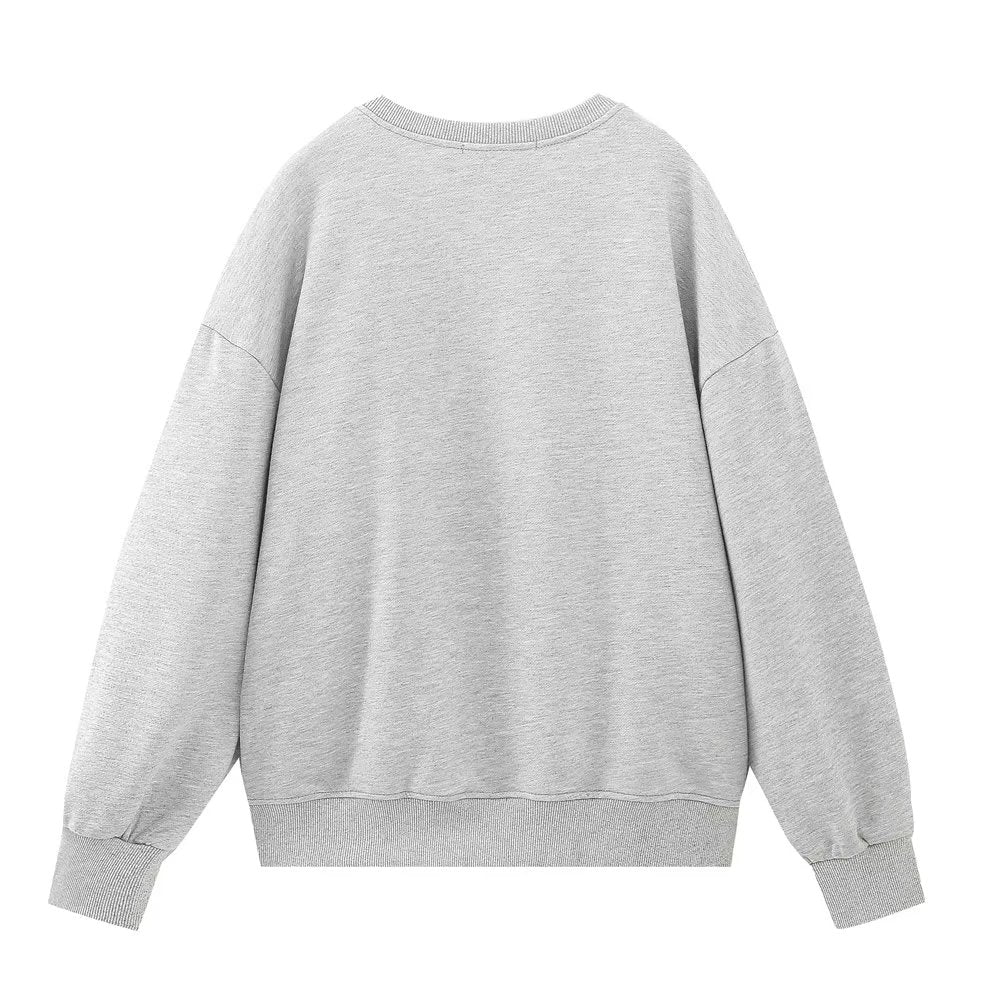 Spring Women Clothing Character Embroidery Round Neck Pullover Gray Sweater