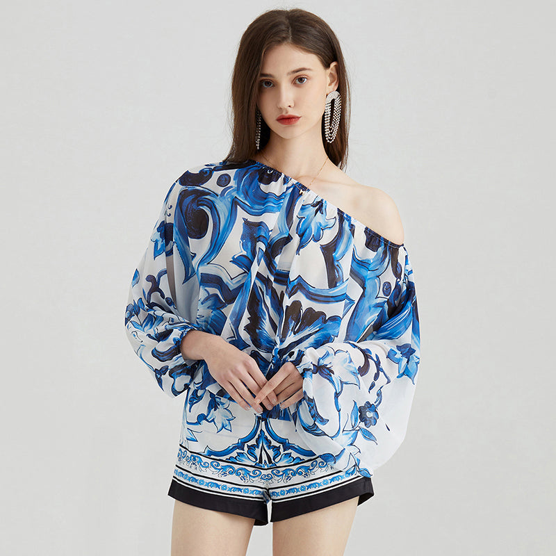 Women  Spring and Summer Elegant Socialite Off shoulder Long sleeved Top High Waist Printed Shorts Printed Two piece Set