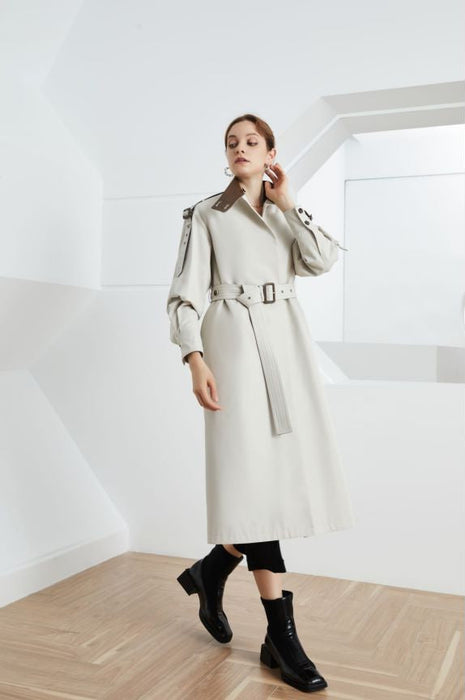 Element Autumn Gracekelly Leather Patchwork Two Color Simple Graceful Elegant Lengthened Trench Coat