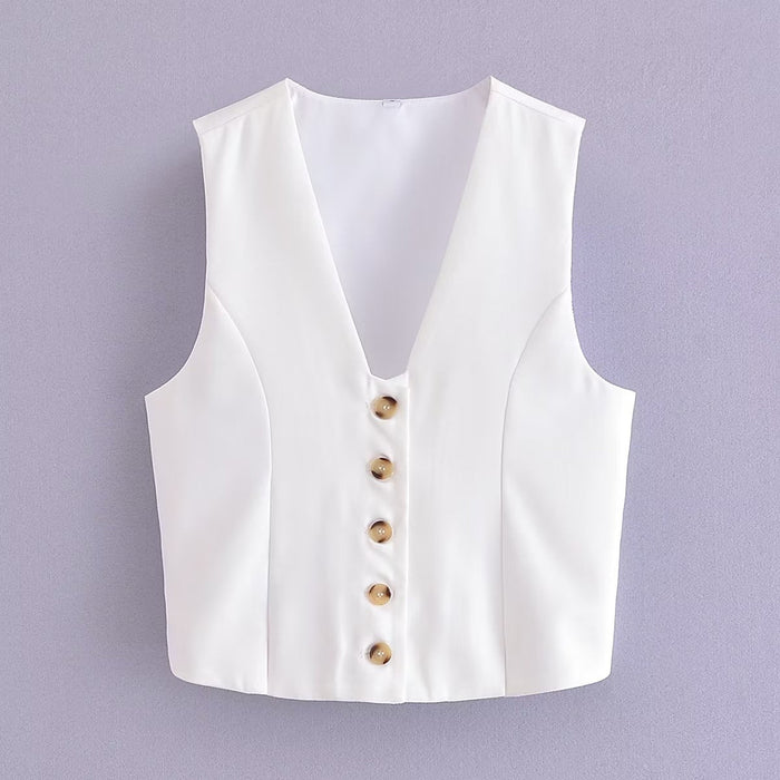 Early Autumn Women Clothing V neck Sleeveless Button Cardigan Solid Color Short Vest Women