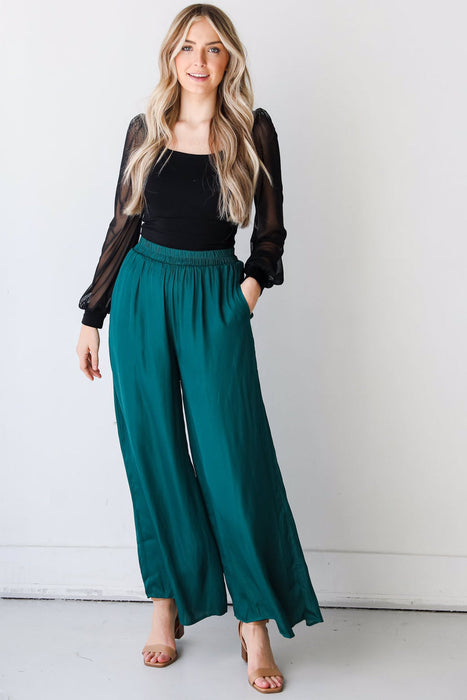 Spring Summer Elastic High Waist Solid Color Cotton Side Pocket Wide Leg Trousers Women Casual Loose Swing Pants