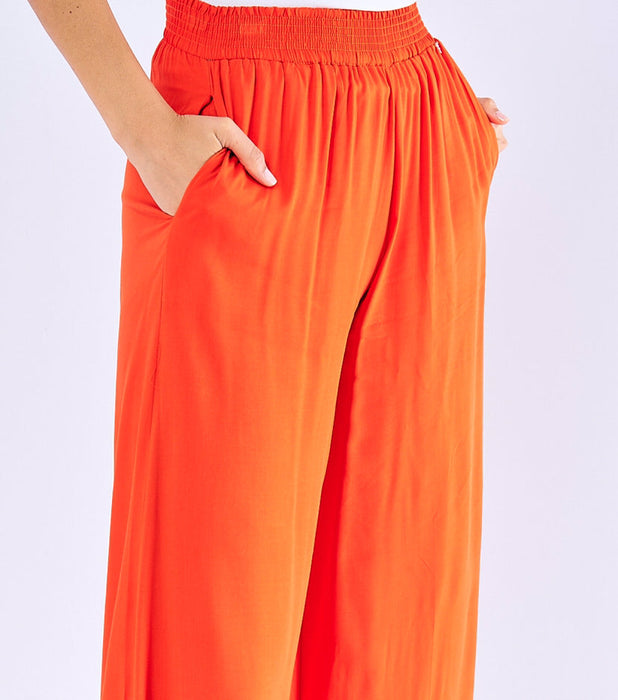 Spring Summer Elastic High Waist Solid Color Cotton Side Pocket Wide Leg Trousers Women Casual Loose Swing Pants