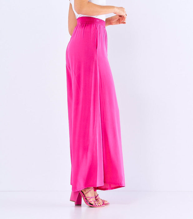 Spring Summer Elastic High Waist Solid Color Cotton Side Pocket Wide Leg Trousers Women Casual Loose Swing Pants