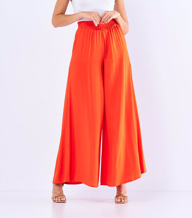 Spring Summer Elastic High Waist Solid Color Cotton Side Pocket Wide Leg Trousers Women Casual Loose Swing Pants