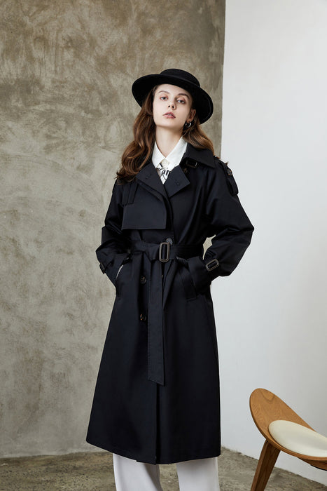 Element Overknee Long Trench Coat Women Popular Korean Autumn Winter Waist Controlled Slimming Coat