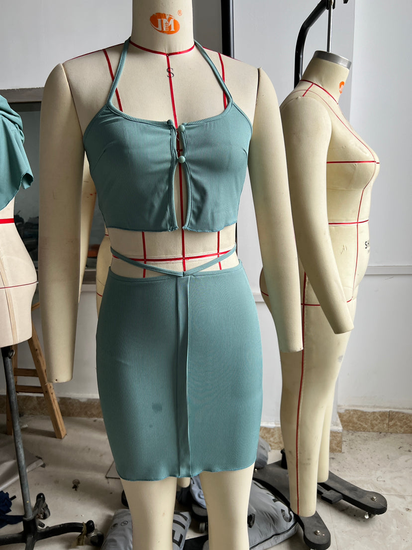 Women Clothing for Sleeveless Strap Short Top Skinny Sheath Skirt Set