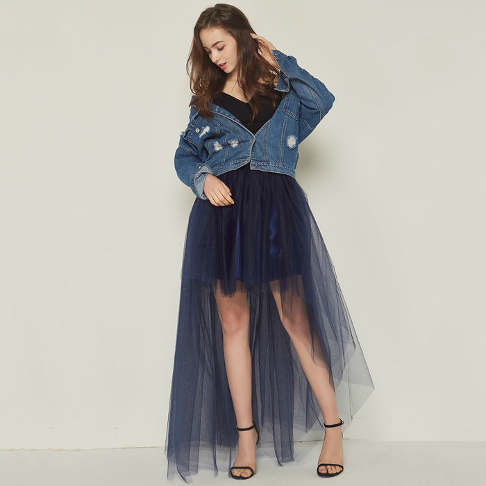 Sexy Irregular Asymmetric Tulle Skirt Solid Color Gauze Skirt Front Short Back Long Pettiskirt