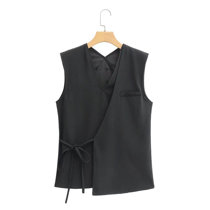 Bow Double Placket Tied V-neck Sleeveless Vest Women Summer Sexy Black Casual Vest