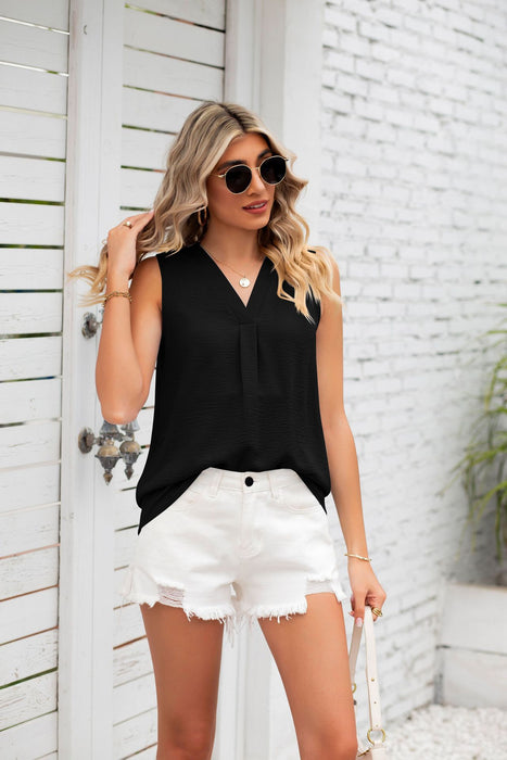 Summer Solid Color V neck Loose Chiffon Top Sleeveless Vest Women