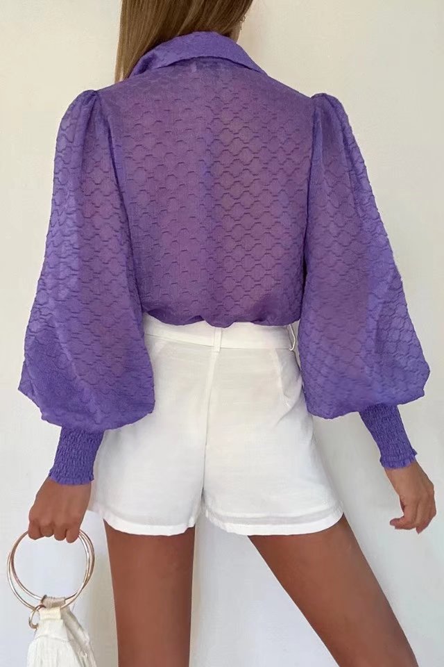 Spring Summer Two Color Embossed Loose Long Sleeved Shirt Single Breasted Top