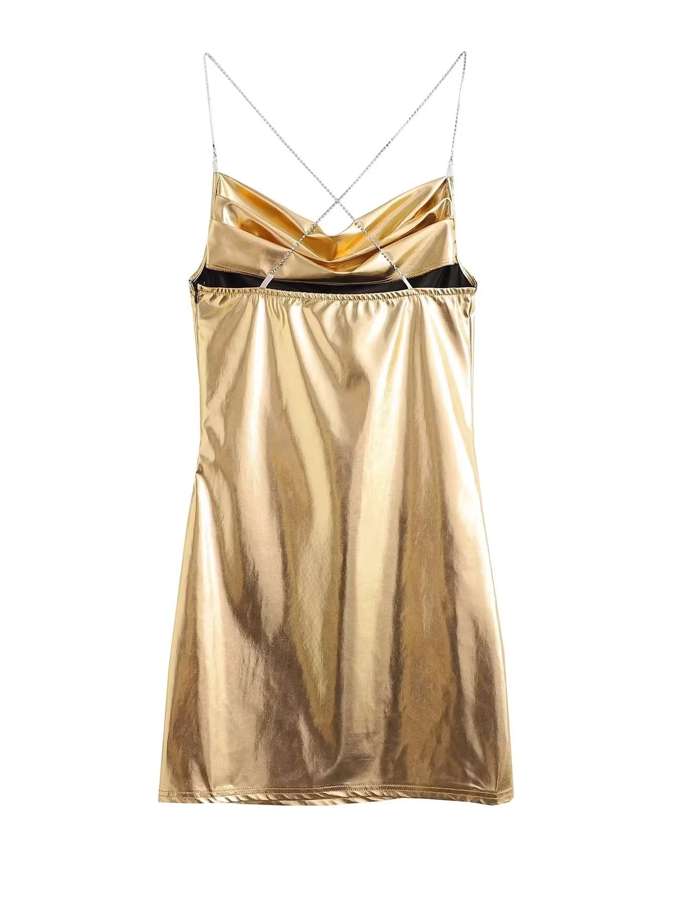 Metallic Coated Fabric Summer Metallic Coated Fabric Faux Leather Suspender Pleated Waist Tight Slimming Slip Dress Short Dress