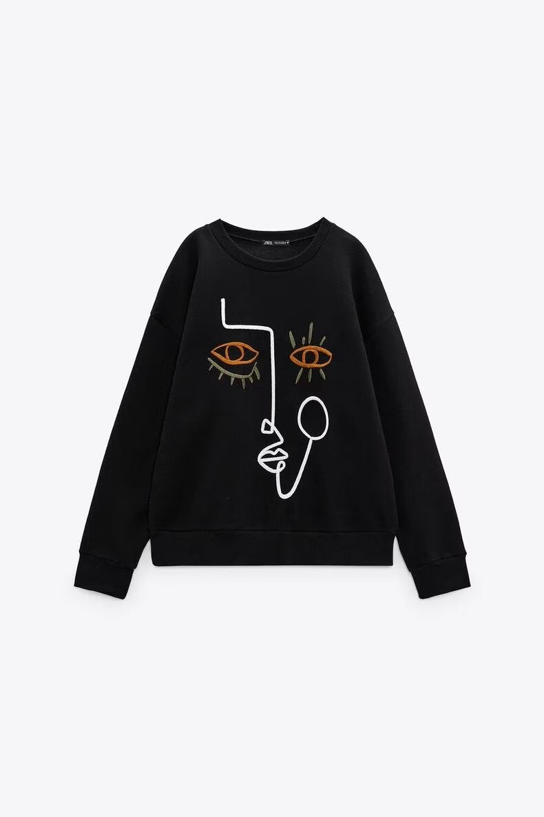 Winter Women Clothing Black Striped Embroidery Pattern round Neck Long Sleeve Loose Casual Sweater