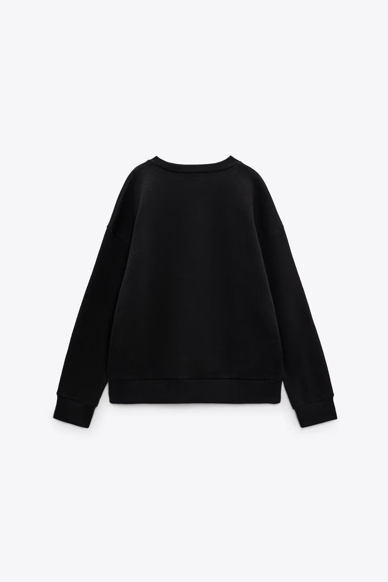 Winter Women Clothing Black Striped Embroidery Pattern round Neck Long Sleeve Loose Casual Sweater