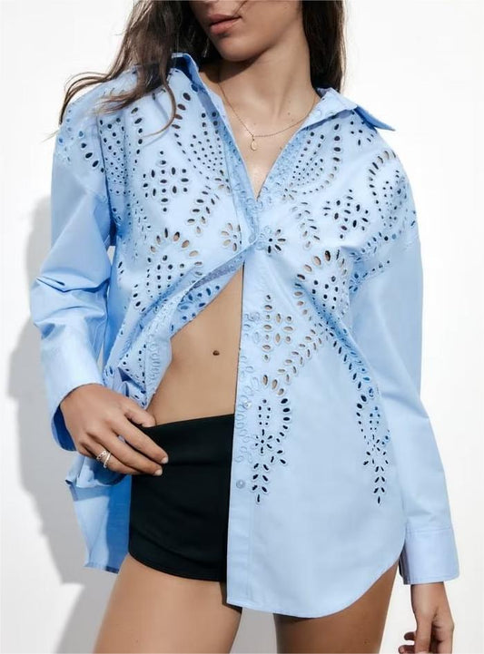 Spring Loose Long Sleeve Collared Single Breasted Top Hollow Out Cutout Embroidered Shirt