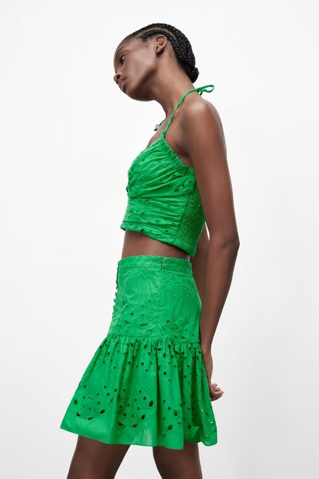 Women Clothing Embroidered Laminated Decoration Green Skirt