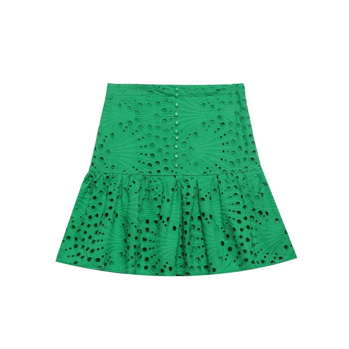 Women Clothing Embroidered Laminated Decoration Green Skirt