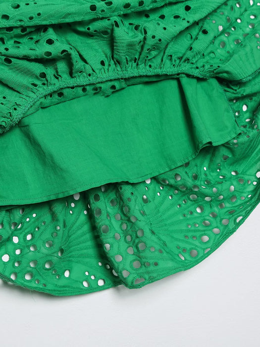 Women Clothing Embroidered Laminated Decoration Green Skirt