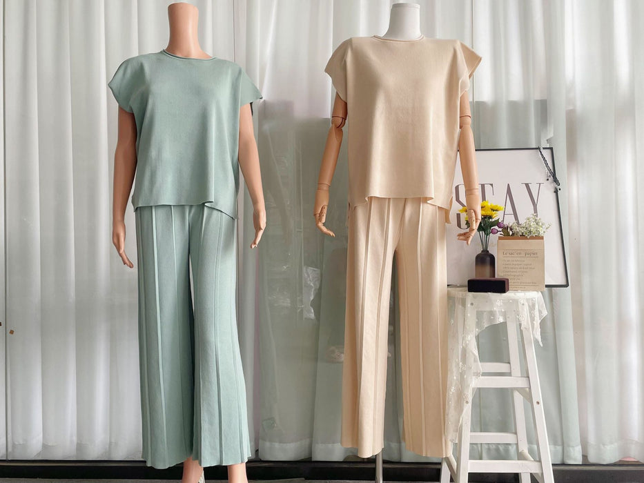 Casual Women Summer Solid Color Sleeveless Vest Sweater Wide Leg Pants Ice Silk Sets