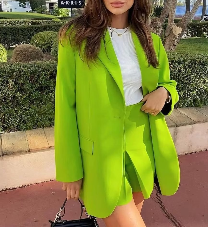 Spring Autumn Women Commuting Wear Fluorescent Green Pocket One Button Blazers