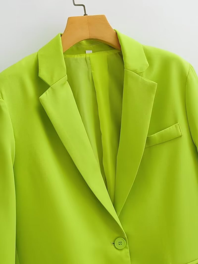 Spring Autumn Women Commuting Wear Fluorescent Green Pocket One Button Blazers