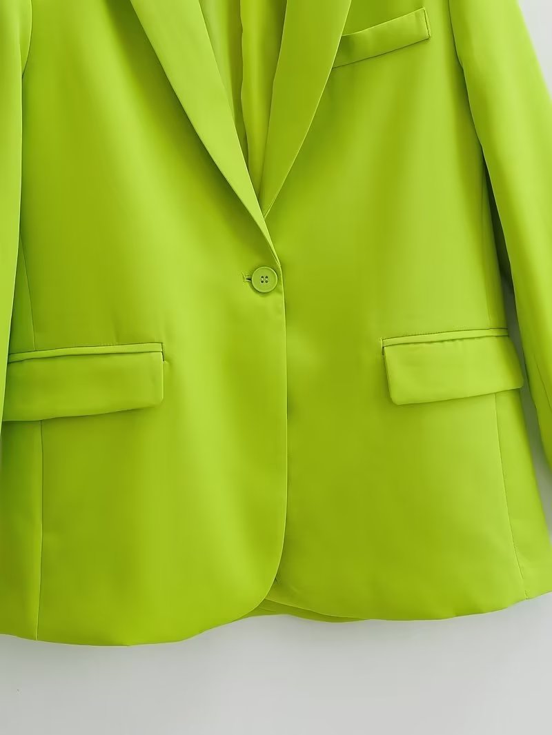 Spring Autumn Women Commuting Wear Fluorescent Green Pocket One Button Blazers