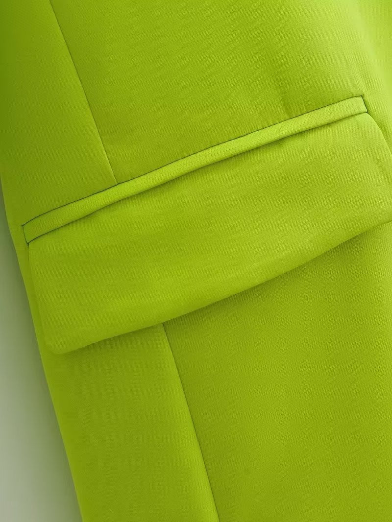 Spring Autumn Women Commuting Wear Fluorescent Green Pocket One Button Blazers