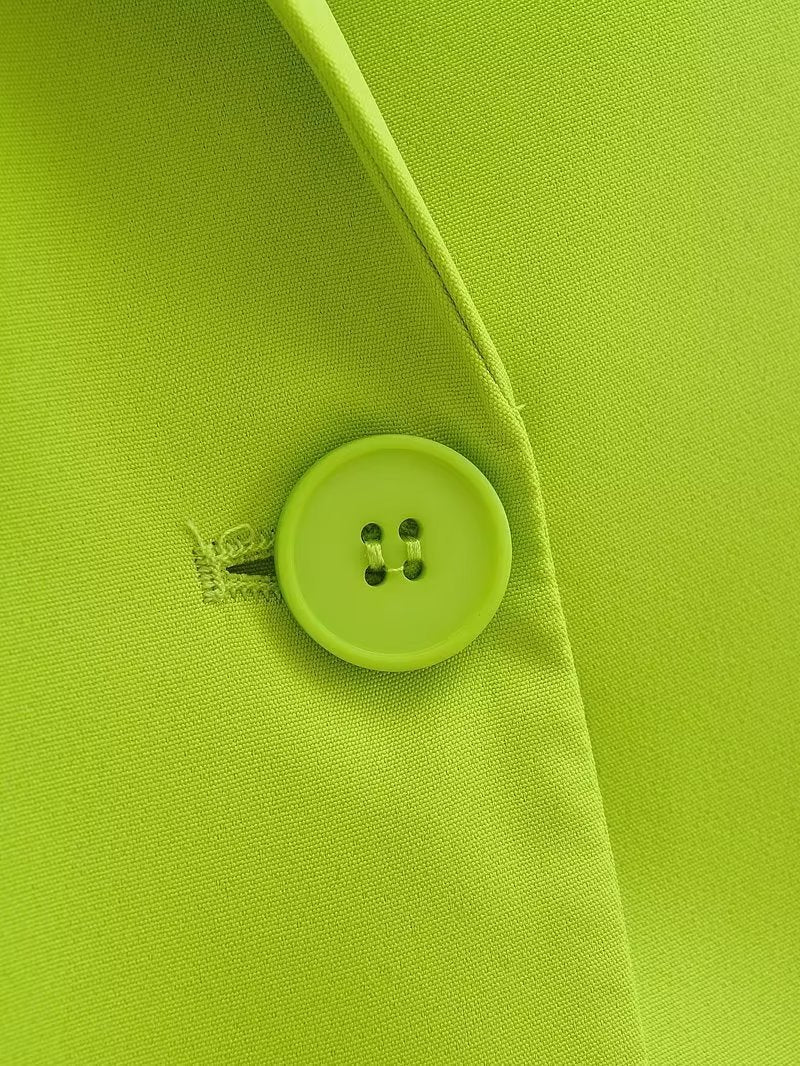 Spring Autumn Women Commuting Wear Fluorescent Green Pocket One Button Blazers