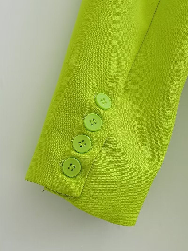 Spring Autumn Women Commuting Wear Fluorescent Green Pocket One Button Blazers