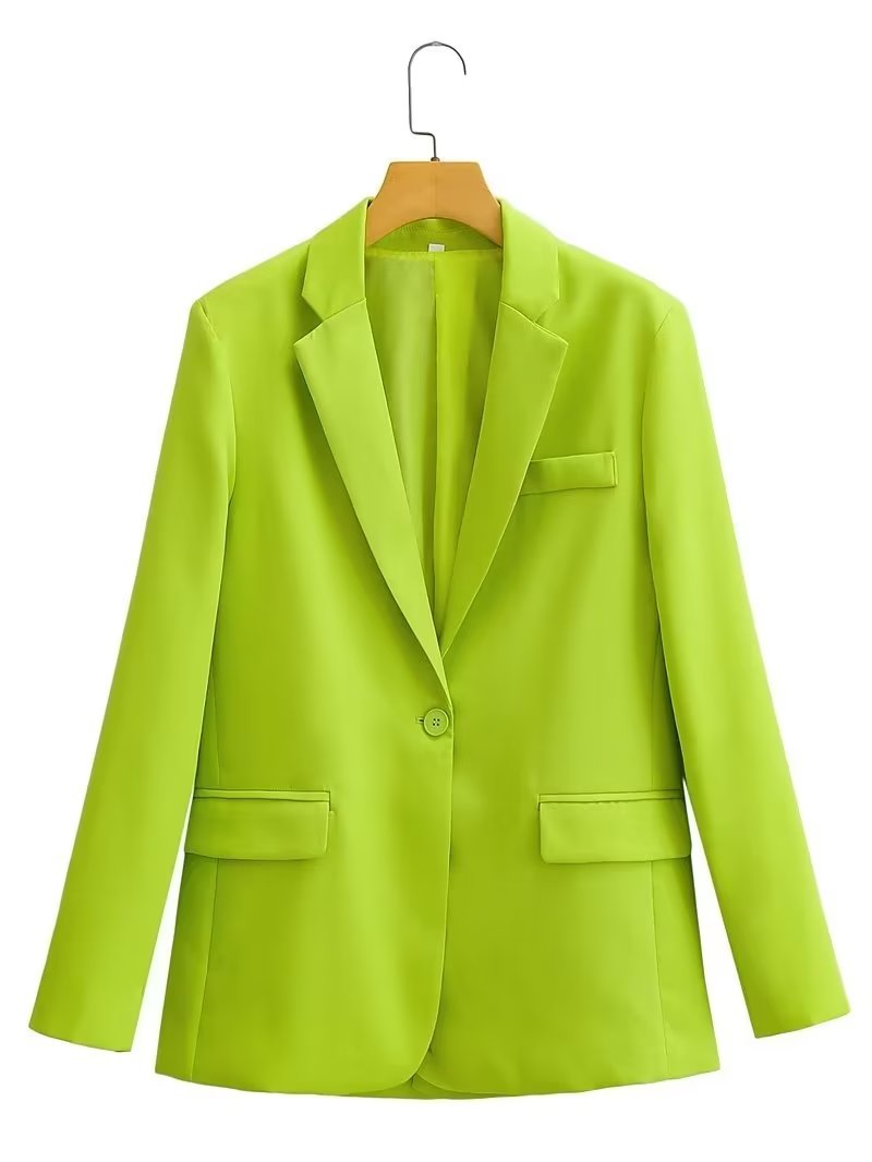 Spring Autumn Women Commuting Wear Fluorescent Green Pocket One Button Blazers