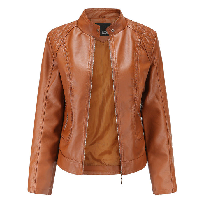 New Spring Autumn Women Leather Jacket Women Graceful Stand Collar Faux Leather Women Leather Jacket Women Leather Coat