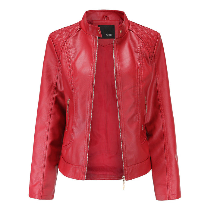 New Spring Autumn Women Leather Jacket Women Graceful Stand Collar Faux Leather Women Leather Jacket Women Leather Coat