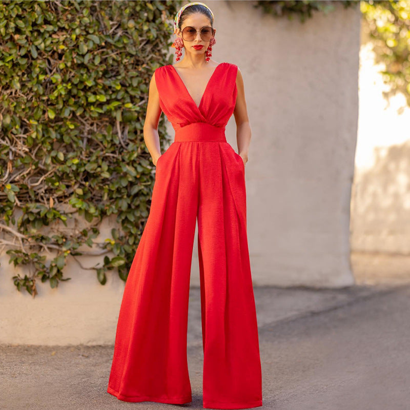 Women Clothing Summer Elegant Slim High Waist Solid Color Jumpsuit