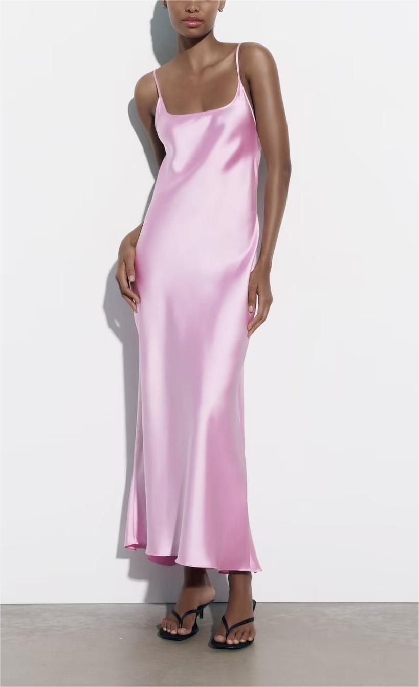 Summer Women Clothing Hollow Out Cutout Design Silk Satin Texture Split Sling Dress