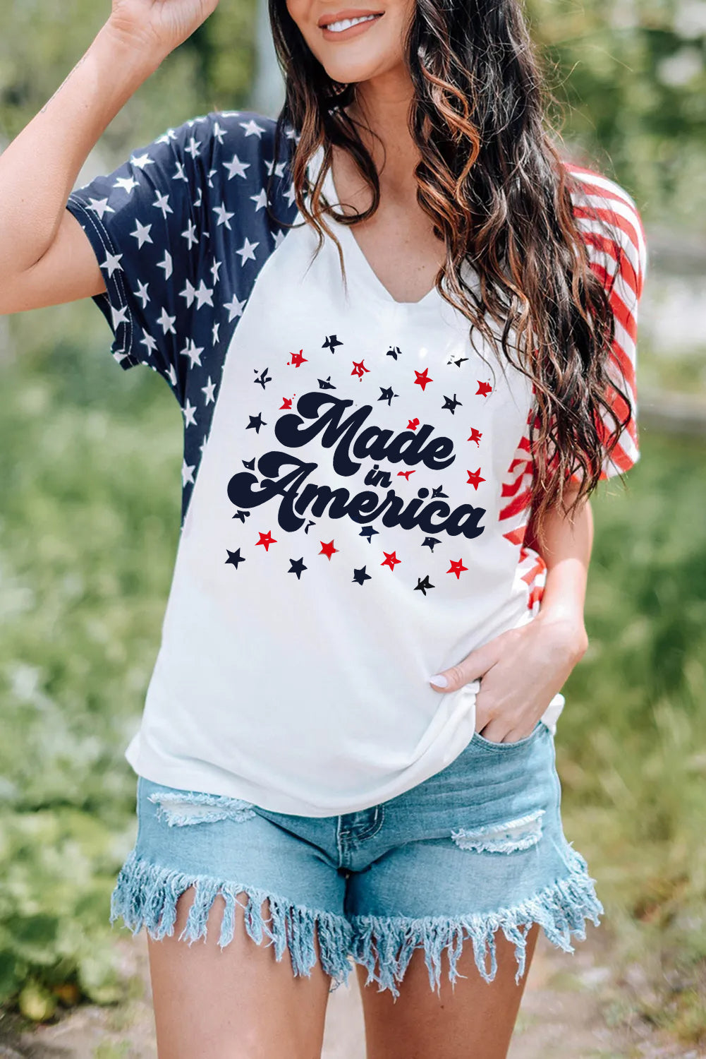 White Made America Stars and Stripes Raglan Sleeve T Shirt