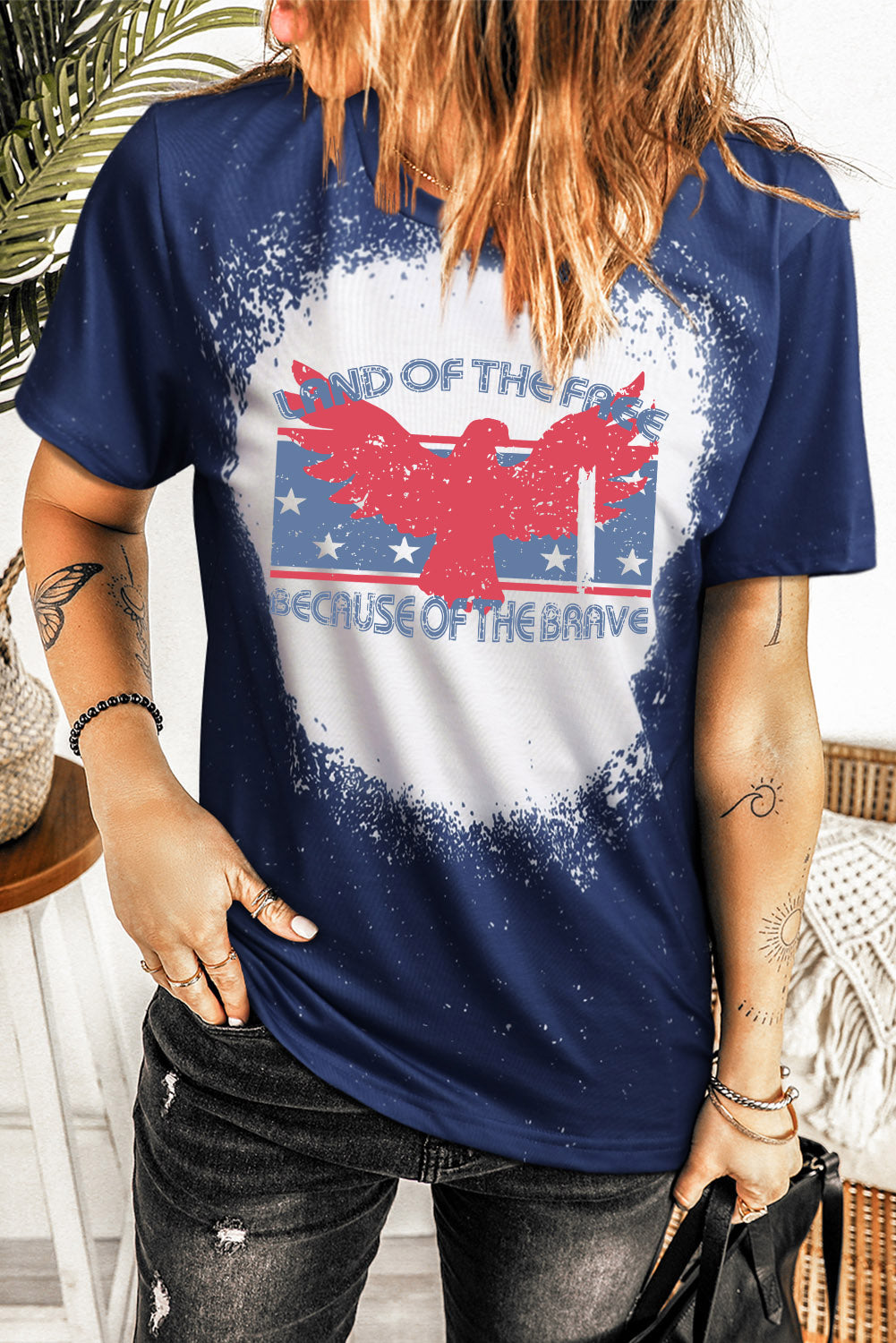 Blue American Flag Eagle Graphic Print Short Sleeve T Shirt