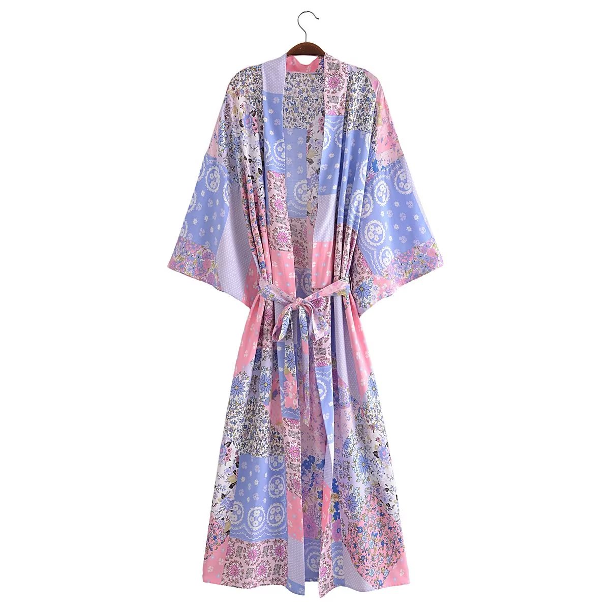 Bohemian Spring Vacation Women Turquoise Positioning Printing Lace up Rayon Kimono Women Kimono