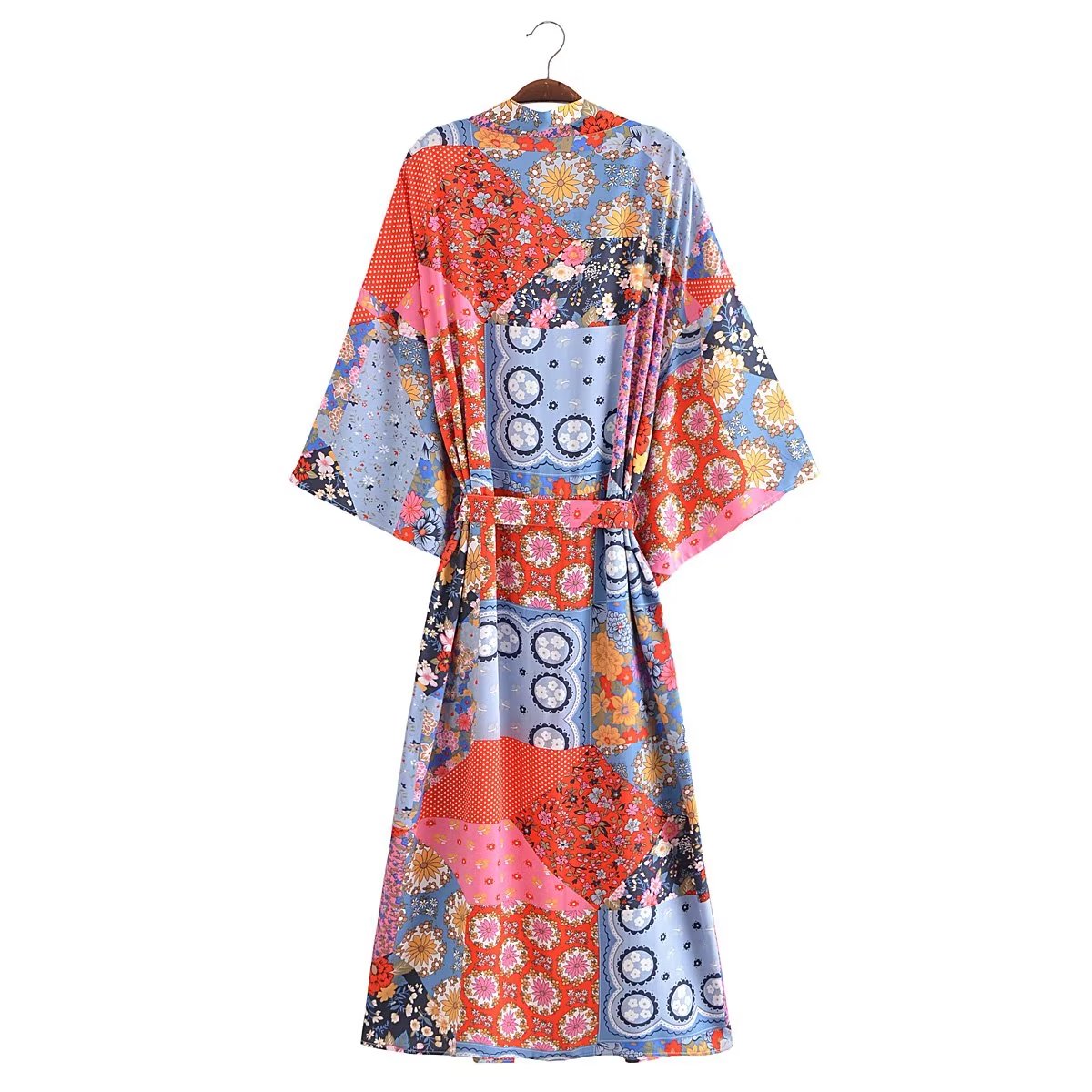 Bohemian Spring Vacation Women Turquoise Positioning Printing Lace up Rayon Kimono Women Kimono