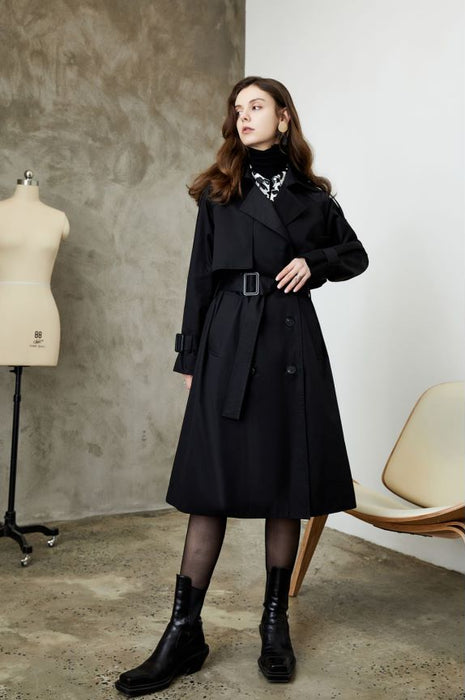 Element Khaki Trench Coat for Women Spring Autumn Retro Elegant British Overknee Long Coat