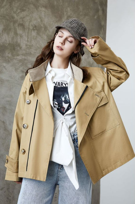 Element Trench Coat for Women Spring Autumn Korean Profile Loose Cargo Small Coat