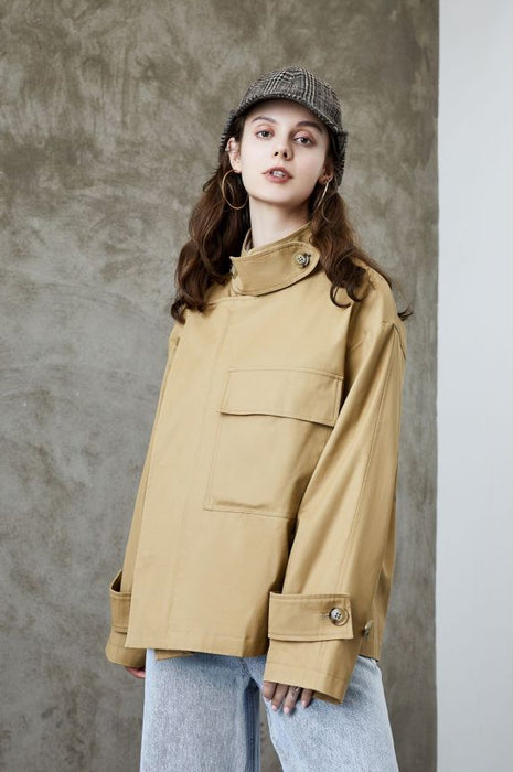 Element Trench Coat for Women Spring Autumn Korean Profile Loose Cargo Small Coat