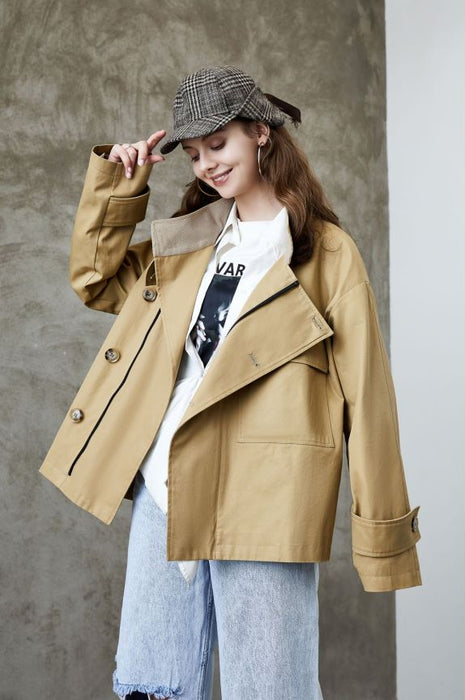 Element Trench Coat for Women Spring Autumn Korean Profile Loose Cargo Small Coat