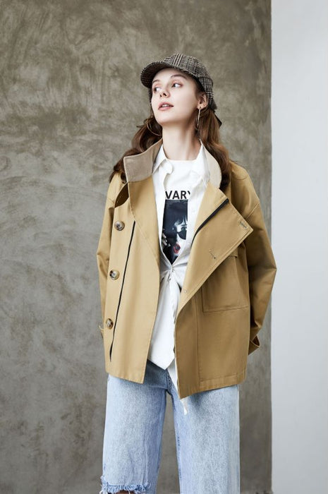 Element Trench Coat for Women Spring Autumn Korean Profile Loose Cargo Small Coat