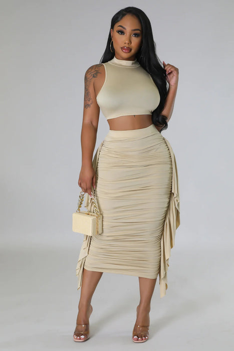 Women Clothing Solid Color High Waist Ruffles Crop Top Tight Fitting Vest Skirt Set
