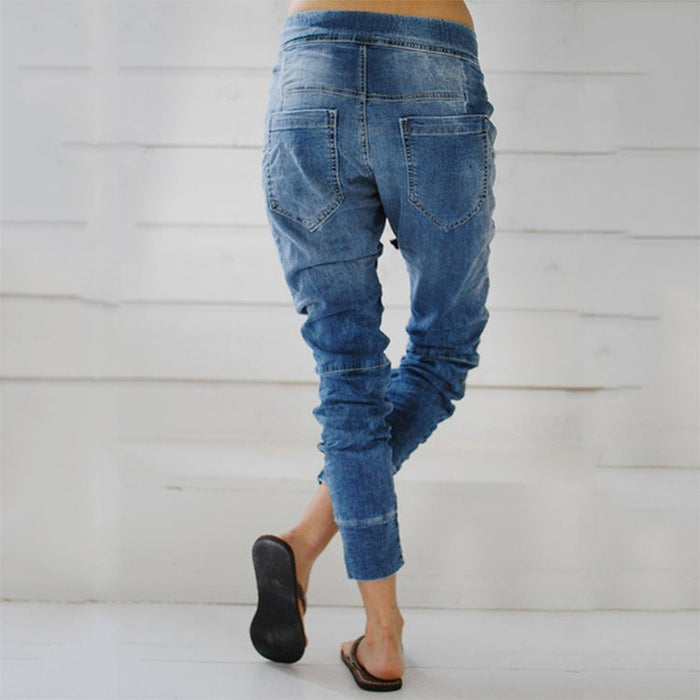 Women Denim Trousers Ankle Banded Lace up Denim Pants Harem Pants