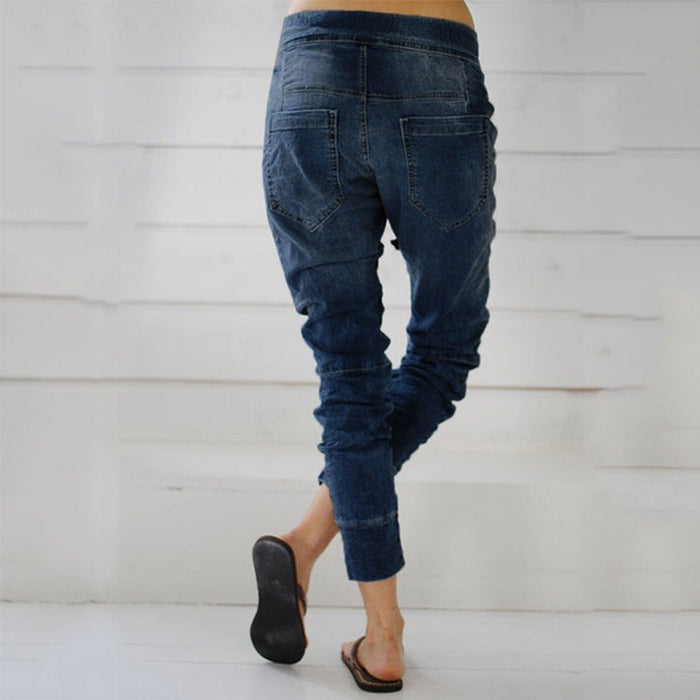 Women Denim Trousers Ankle Banded Lace up Denim Pants Harem Pants