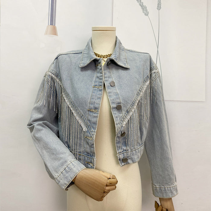 Popular Vintage Denim Jacket Collared Tassel Washed Short Spring Autumn Top