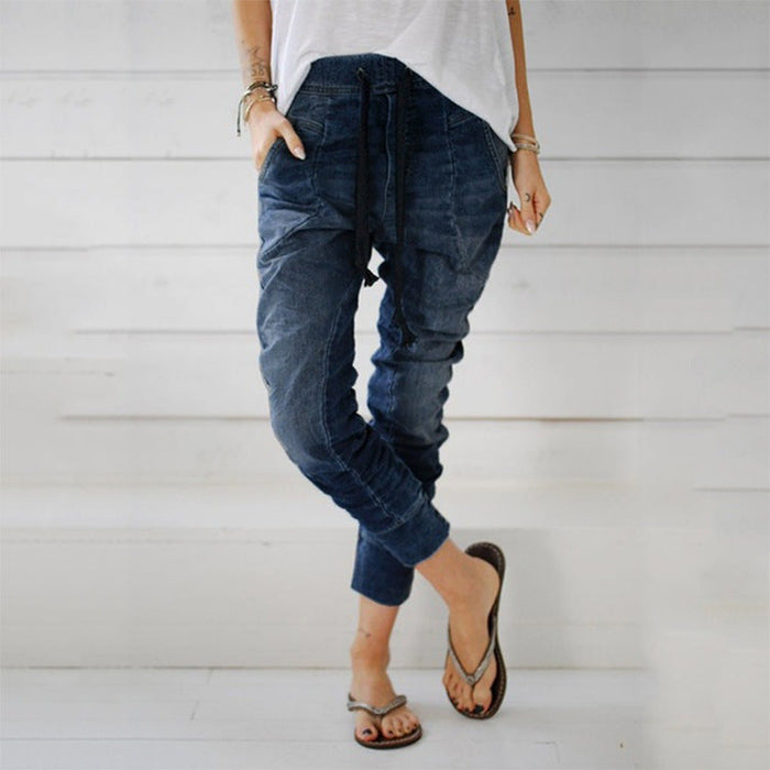 Women Denim Trousers Ankle Banded Lace up Denim Pants Harem Pants