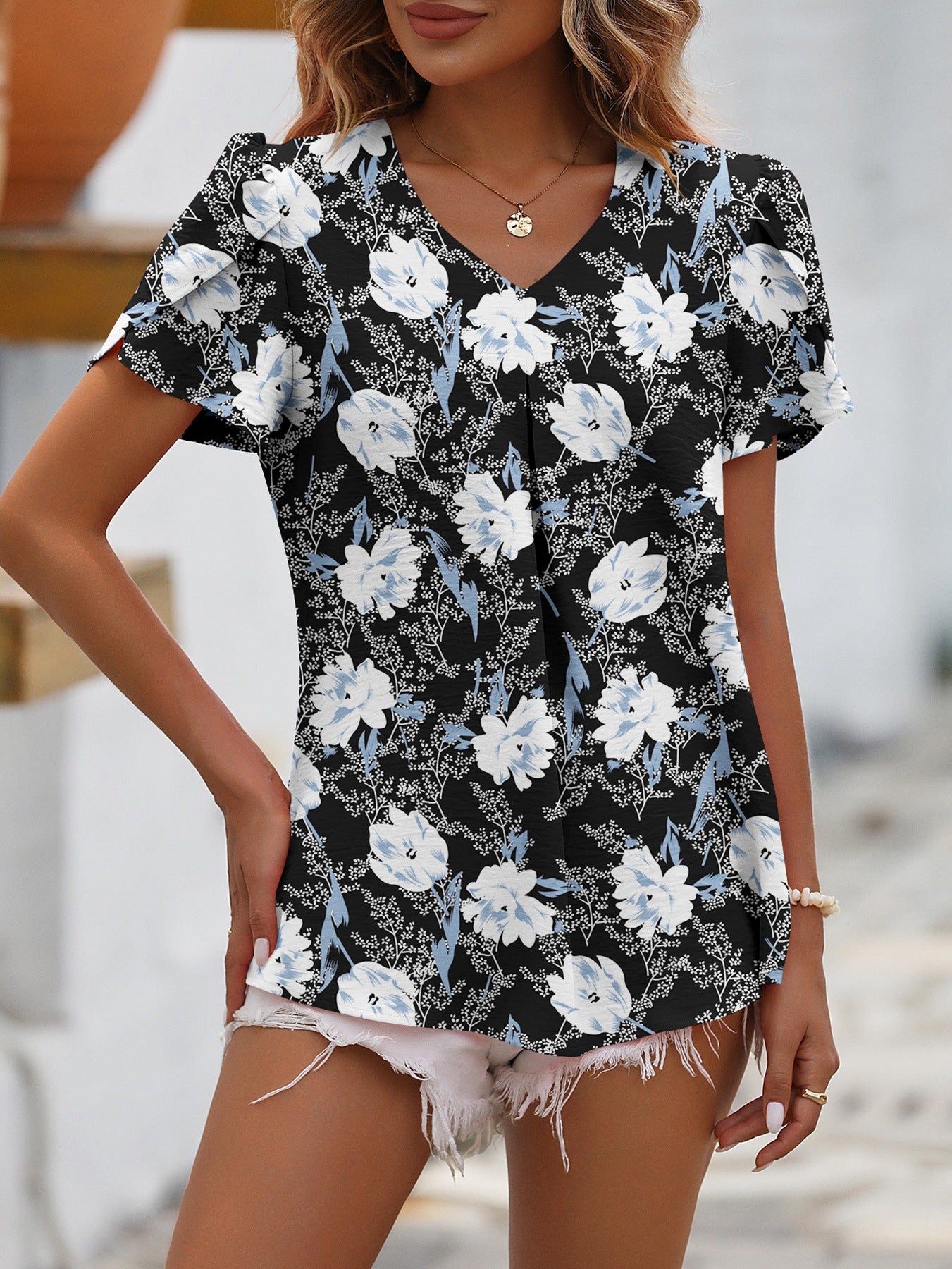 Summer Women Clothing Casual V neck Chiffon Shirt Floral Bud Sleeve Top