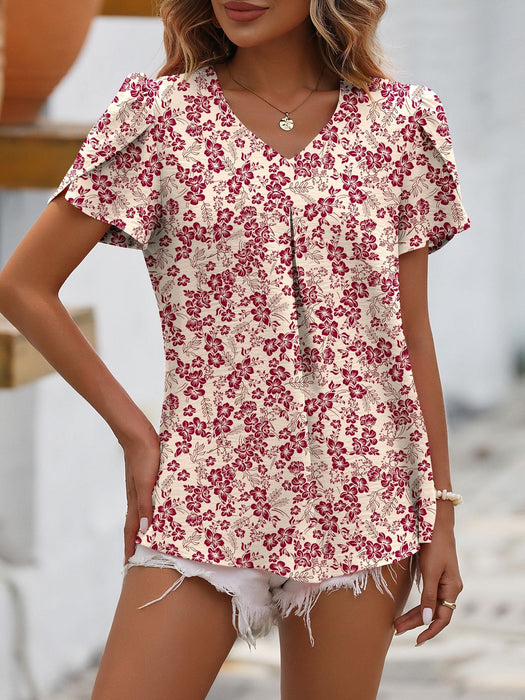 Summer Women Clothing Casual V neck Chiffon Shirt Floral Bud Sleeve Top