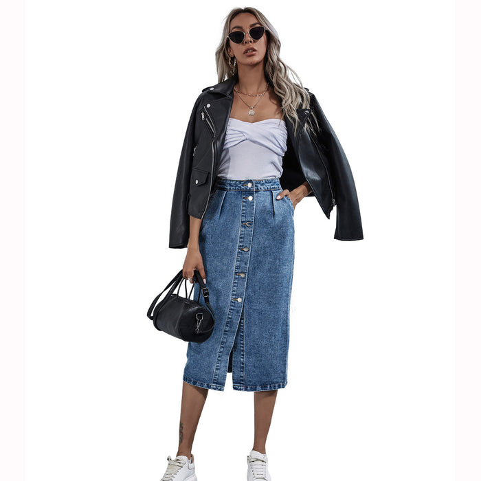 Women Clothing High Waist Single Breasted Denim Skirt Autumn Winter